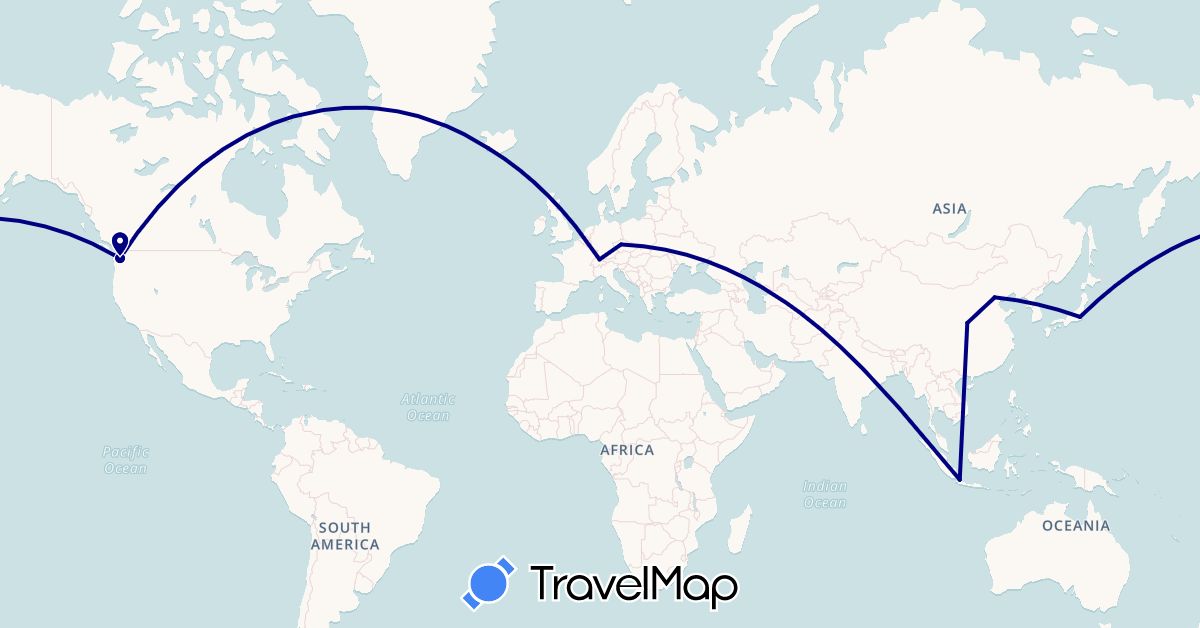 TravelMap itinerary: driving in Switzerland, China, Czech Republic, Indonesia, Iceland, Japan, United States (Asia, Europe, North America)